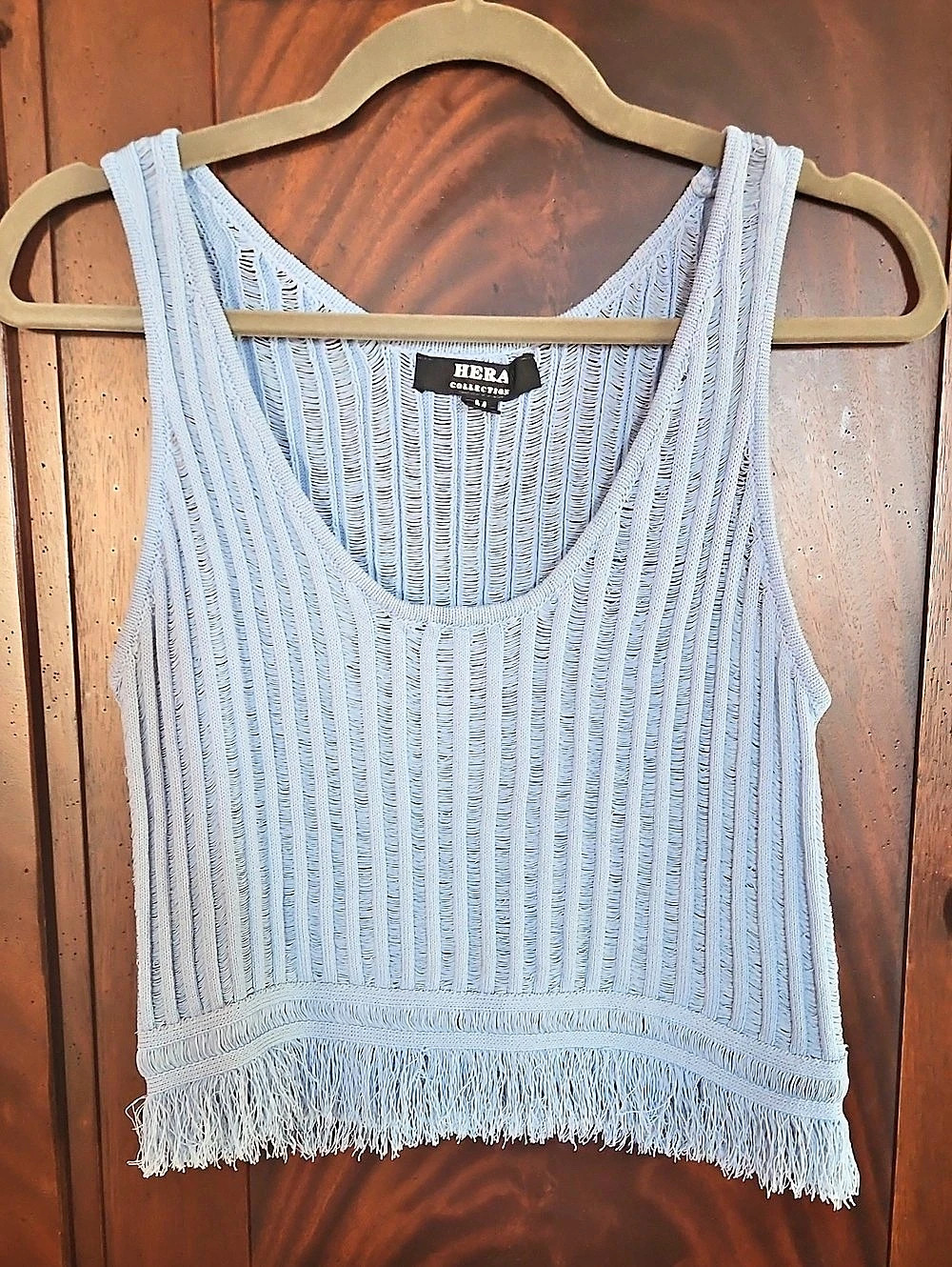 HERA Ribbed Fringe-Hem Tank Top in Blue Size Medium